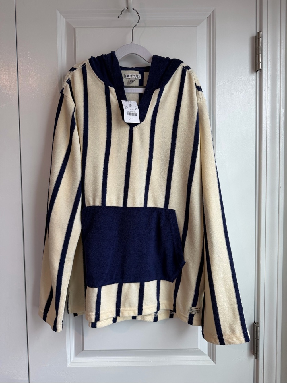 J. Crew Crewcuts Kids Hooded Pullover Towel Terry Cream Blue Stripes NWT Size XL